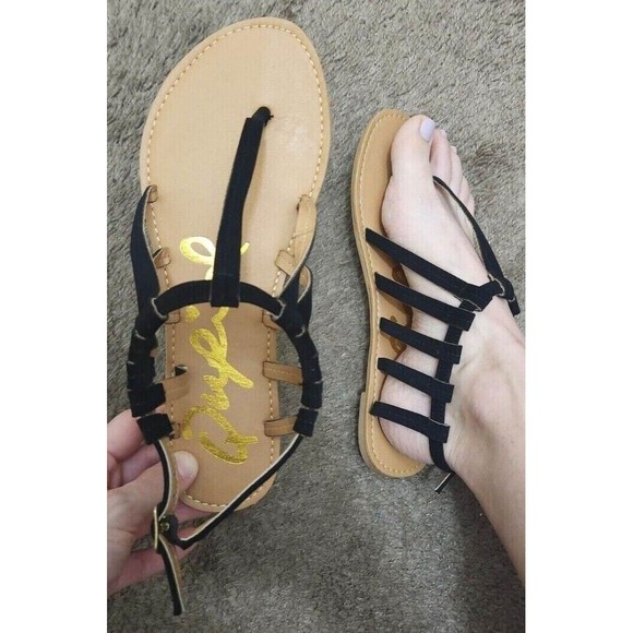 Qupid Shoes - Suede Crisscross Strap Sandals Black Strappy Womens Summer Flats Size 7